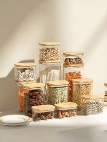 Recipiente hermético cuadrado para almacenamiento de alimentos con tapa de bambú - Canister transparente para cereales/té de cocina - transparente - Ver 4