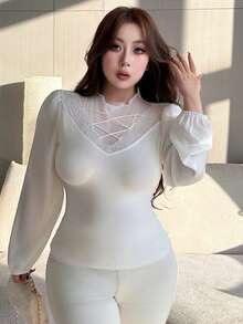Dazy Plus Plus Size Women Contrast Lace Elastic Tight Fitted Cropped White Long Sleeve T-Shirt - White - View 8