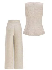 Ellevyn 贝壳金属扣无袖上衣和西装裤套装，优雅时尚，适合通勤和办公室穿着 - 杏色 - 查看 9