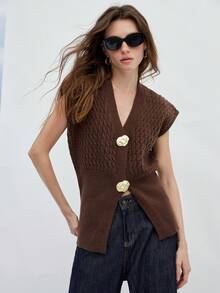 Aveloria Modichic Áo len cardigan dệt kim cổ chữ V phía trước và viền xẻ tà phong cách Châu Âu & Mỹ thanh lịch cho quý cô thoải mái thanh lịch không đối xứng - Cà phê nâu - Xem 3