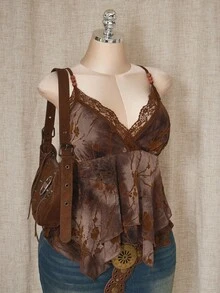 SHEIN ICON 女士加大码性感度假复古波西米亚风植物系列田园风棕色网纱花朵植绒拼接蕾丝V领串珠不对称下摆吊带背心 - 彩色 - 查看 11