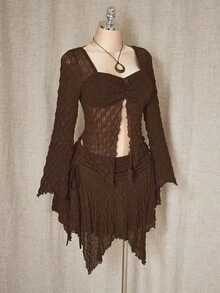 SHEIN ICON 女士加大码 Y2K 复古性感波西米亚千禧风甜心领前开衩尖下摆喇叭袖透视上衣多层不对称下摆侧边褶皱棕色针织纹理面料套装 - 棕色 - 查看 7