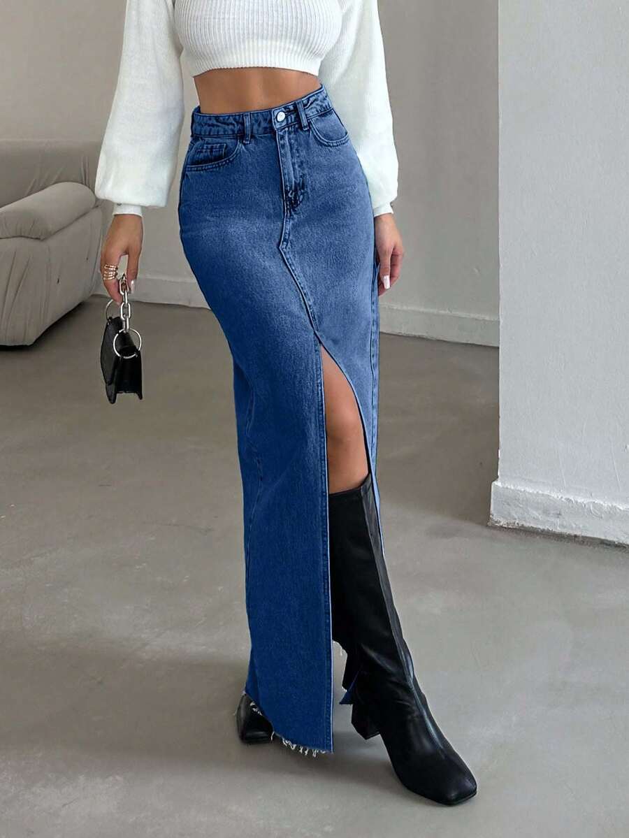 ZIRRA 女式休闲水洗牛仔斜口袋磨边裙，秋季 - 深色水洗藍 - 查看 1