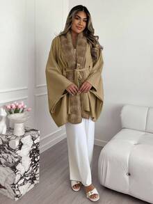 Lyxana Áo choàng Poncho buộc cổ lông giả cao cấp cổ điển dành cho nữ, mùa thu/đông - Màu Khaki - Xem 7