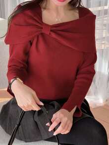 DAZY Áo len trễ vai màu đỏ dành cho nữ, thiết kế tinh tế, thanh lịch, giảm tuổi tác, làm thon gọn, áo thu/đông - Màu Đỏ Sâu - Xem 5