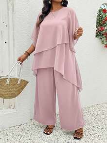 SHEIN LUNE 大码雪纺多层不对称交叉喇叭袖上衣 + 双层雪纺阔腿裤休闲两件套，适合外出、度假和通勤。女士夏季套装，女装，夏季服装，大码女装，商务休闲装。 - 藕粉色 - 查看 4