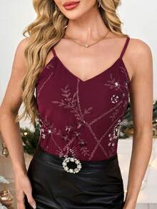 Gownix 亮片刺绣吊带背心，时尚优雅，适合派对、新年、圣诞节等场合，亮片闪耀夺目。 - 紅色 - 查看 5