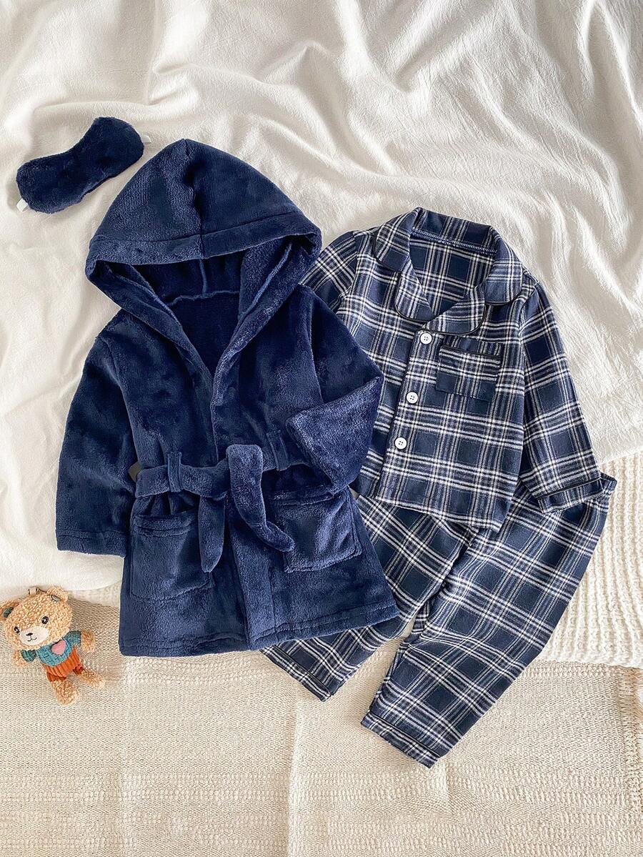 SHEIN 4pcs Baby Boy Plaid Shirt, Pants And Flannel Robe With Eye Mask Sleepwear Set Baby Boys Outfit Baby Boy Pajamas Baby Boy Flannel Baby Boy Winter Sets Baby Boy Bathrobe - Multicolor - View 1