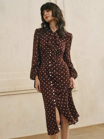 Cévolie 女装秋季新款法式波点复古雪纺长袖蝴蝶结领中长连衣裙