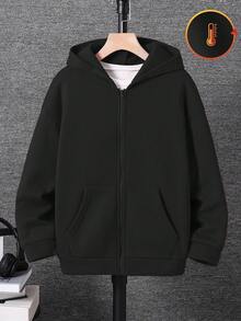 SHEIN 兒童 1 件大童男孩黑色連帽冬季開襟衫 寬鬆版型 秋季休閒城市運動學院風復古貼袋 開學日常穿搭 - 黑色 - 查看 3