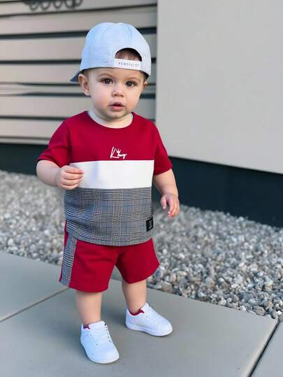 TaviRue 男婴夏季休闲拼色格子T恤和短裤套装