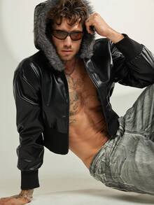 FeverCity 男式纯色长袖拉链连帽仿皮夹克，带毛领，适合秋冬 - 黑色 - 查看 3