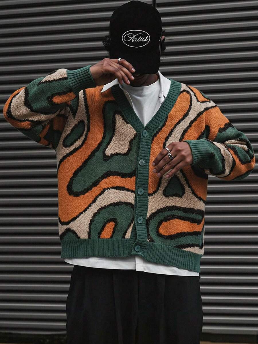 Manfinity EMRG 男士休闲宽松开衫毛衣，抽象提花撞色图案，街头风，长袖，秋冬男士针织开衫，男士街头服饰，男士针织开衫，针织衫 - 彩色 - 查看 1