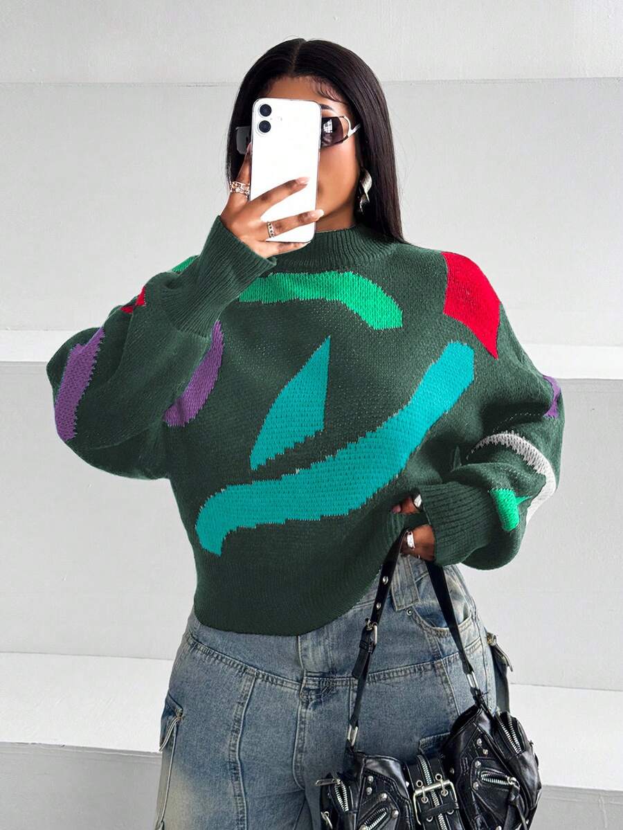 Maweii Plus Size Women Casual Colorblock Crew Neck Sweater, Autumn/Winter - Multicolor - View 1