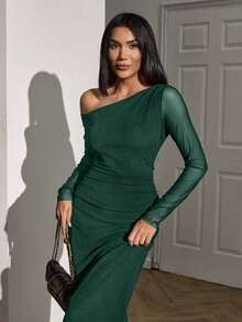 EURMUSE Women Solid Color Sheer Long Sleeve Detailed Dress - Dark Green - View 5
