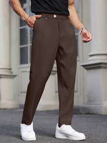 Calvornis Men's Suit Pants, Commuter Casual Versatile Straight-Leg Suit Pants, Waist Rivet Design - Coffee Brown - View 3