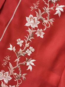 EMERY ROSE 大尺碼女款秋冬休閒度假仿刺繡印花紅色長袖鈕扣亞麻襯衫 - 紅色 - 查看 3