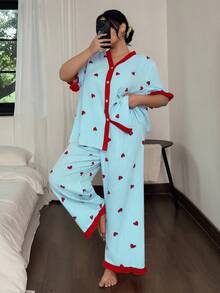 Eraneu Striped Heart Print Contrast Color Open Front Plus Size Short Sleeve Pajama Set - Multicolor - View 3