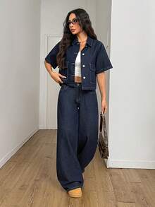 SHEIN PETITE 女士四季原创牛仔水洗舒适休闲通勤牛仔两件套 - 深色水洗藍 - 查看 3