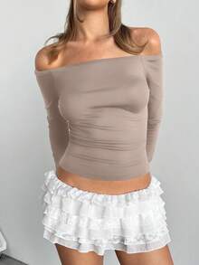 SHEIN EZwear Brązowa, obcisła, swobodna, damska koszulka z golfem z odkrytymi ramionami i długim rękawem, idealna na jesień - Morela - Zobacz 9