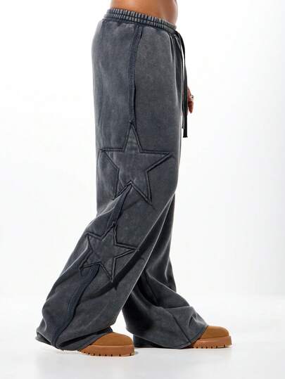 SUMWON WOMEN Oversized Washed Star Detail Joggers For Women Casual Baggy Wide Leg Sweatpants With Drawstring