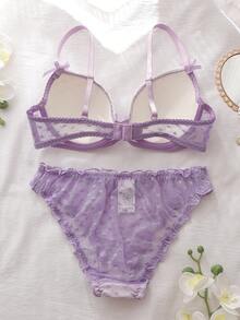 DelicateAllure Conjunto de bralette con parches de encaje de malla en forma de corazón de lavanda y decoración de lazo - Púrpura malva - Ver 2