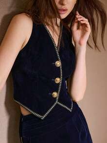 MOTF PREMIUM 撞色饰带 V 领背心，秋冬 - 藏蓝色 - 查看 2