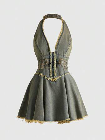 Grunge Punk Vestido vaquero mini con hombros abiertos, volantes en el bajo y lavado desgastado en estilo Y2K, color azul retro
