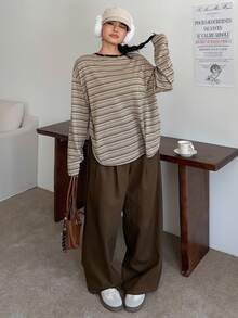 Dazy Plus Áo thun tay dài kẻ sọc rộng rãi, thoải mái, họa tiết chắp vá màu sắc cho nữ, mùa xuân/thu - Màu Khaki - Xem 7