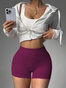 Core Rhythm 1 件红色腰带运动短裤，无缝针织高弹力舒适瑜伽、健身、户外运动 - 中紫紅色 - 查看 3