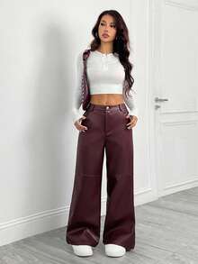 SHEIN PETITE 酒红色纯色 PU 皮革直筒裤，适合圣诞节、新年、情人节、秋冬、派对、约会之夜 - 酒紅色 - 查看 6