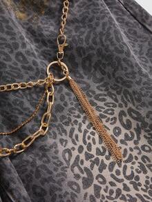 ROMWE Grunge Punk Plus Size Y2K Leopard Print Rhinestone Chain Flare Jeans - Brown - View 3