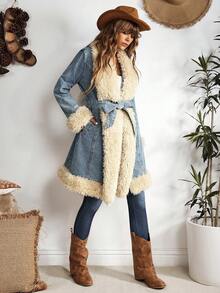 EMERY ROSE Women's Fashionable Fuzzy Patchwork Denim Jacket, Autumn/Winter - Blue - View 8