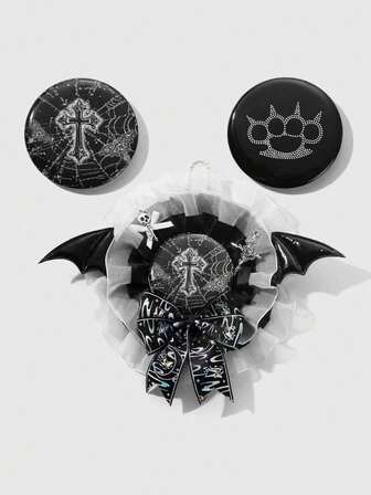 Set de 2 broches magnéticos con adornos de encaje negro y blanco, calavera y rosa plateada, cruz, alas de demonio y lazo en estilo gótico y punk Y2K, con pasadores intercambiables de telaraña, pata de oso a lunares y garra de gato - Adecuado para cosplay, anime, uso diario y regalo festivo