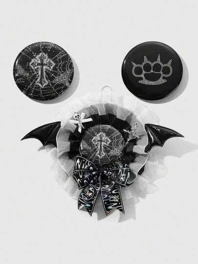 2pcs Y2K Punk Gothic Style Black & White Lace Trim, Silver Skull & Rose, Cross, Demon Wing, Bow Decor Magnetic Brooch Set, With Replaceable Spider Web Cross, Polka Dot Bear Paw, Cat Claw Pins - Suitable For Cosplay, Anime, Daily Wear, Holiday Gift