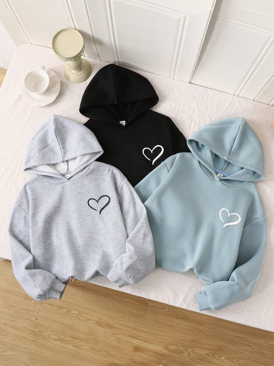 SHEIN Set de 3 sudaderas informales, sueltas, cómodas y versátiles con estampado de corazón para niña preadolescente - Gris Claro - Ver 1