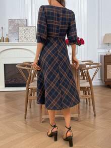 EMERY ROSE 女式格子简约休闲短袖中长连衣裙 - 彩色 - 查看 3