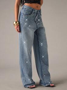 SHEIN BAE 女式休闲水洗水钻直筒牛仔裤 - 淺色水洗藍 - 查看 4