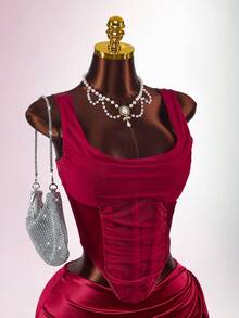 Amplova 女士鱼骨文胸上衣两件套，性感前卫，适合秋冬派对装搭配裹身性感迷你裙 - 紅色 - 查看 8