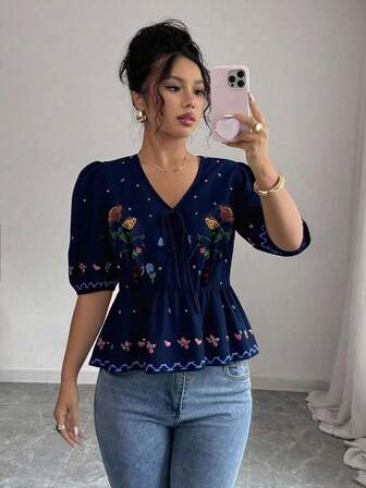 Rafferiza Elegant Romantic V-Neck Tie Design Floral Print Summer Blouse For Women Boho Blouse Navy Blue Top Boho Tops For Women Blue Floral Top