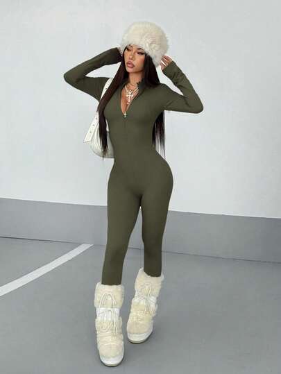 StreetHx Women's Streetwear Solid Color Long Sleeve Half Zip Jumpsuit, Autumn