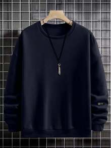 EURMUSE 100%Cotton Men Letter Patched Drop Shoulder Sweatshirt - Navy Blue - View 3