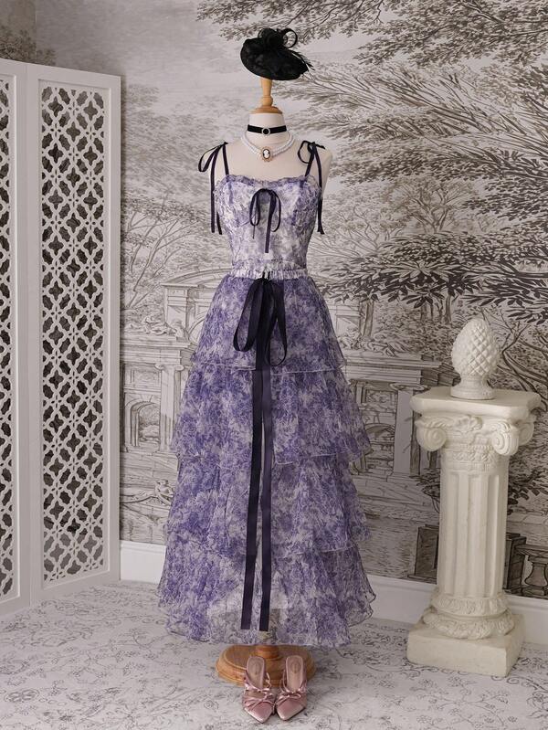 SHEIN MOD Vestido elegante con estampado floral vintage, volantes en el bajo, lazo en el hombro y corte evasé reversible, en color azul y blanco