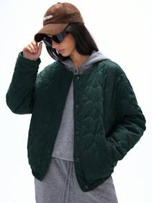 Aveloria GENKIRA 女装秋冬新款灯芯绒心形条纹宽松短款棉服夹棉外套 - 橄欖綠 - 查看 3