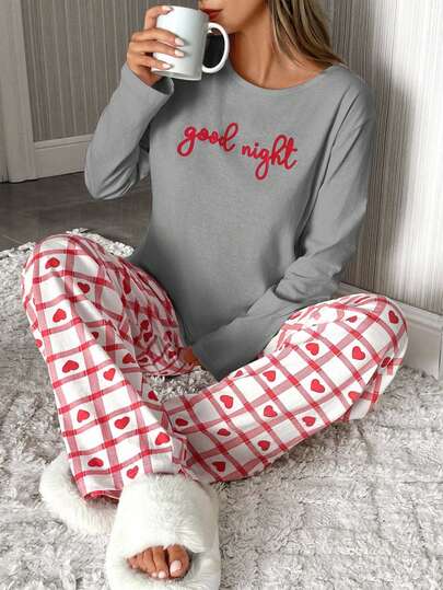 EURMUSE Letter & Plaid Heart Print Soft Comfortable Women Sleepwear Set With Long Sleeve