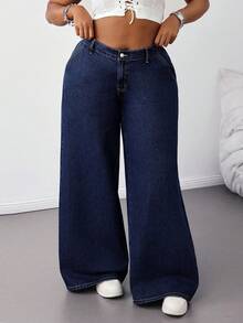 SHEIN Tall CURVE 大码夏季秋季返校季可爱2000年代风格卡哇伊Y2K机场休闲老钱风图卢姆水洗低腰阔腿蓝色宽松牛仔裤 - 深色水洗藍 - 查看 4