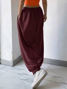 DAZY Women's Loose Drawstring Waist Ankle Cuffed Long Sweatpants Y2k - Burgundy - View 2