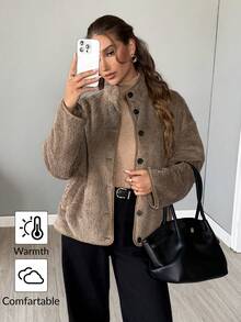 SHEIN LUNE معطف شتوي سميك من الفليس المرجاني القابل للعكس باللون الرمادي للنساء، إغلاق أمامي بأزرار، جيوب، أكمام طويلة وياقة عالية - رمادي - مشاهدة 4