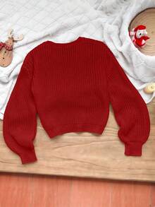 1pc Girls Merry Christmas Embroidered Letter Oversized Crew Neck Knit Sweater,Casual Autumn Red Pullover,Family Matching Red And White Gingham Tween - Red - View 2