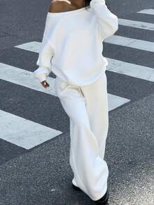 SHEIN EZwear 2 件套女士宽松露肩运动衫和阔腿运动裤套装，厚保暖内衬，适合秋冬、秋季 - 白色 - 查看 3